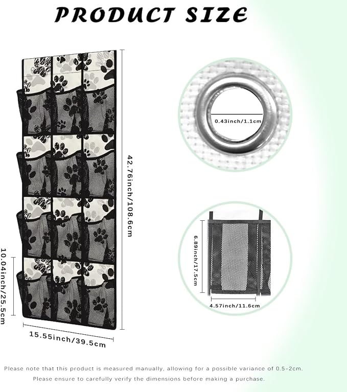 Silver Over The Door Mesh Fabric Over The Door Closet Organizer 12 Pockets Pawprints Shoe Holder Hanger for Living Room Easy to Install Wall Hanging Storage