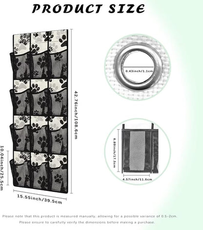 Silver Over The Door Mesh Fabric Over The Door Closet Organizer 12 Pockets Pawprints Shoe Holder Hanger for Living Room Easy to Install Wall Hanging Storage