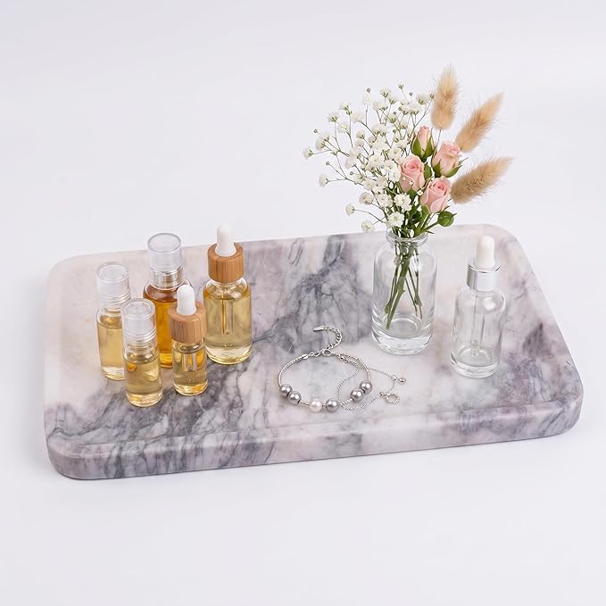 Calcatta Pink Marble Vanity Tray for Bathroom Counter-12 X7 Decorative Tray for Perfume, Candles, Stone Jewelry Dish Tray