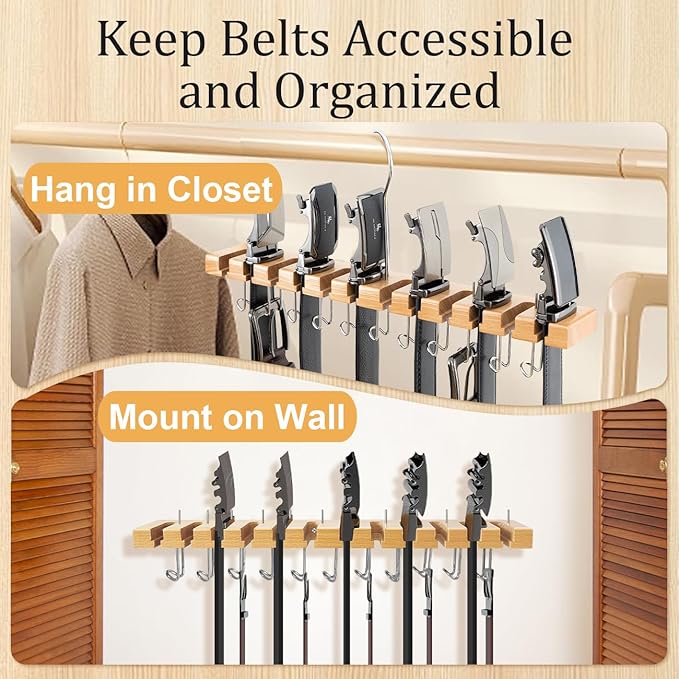 Wooden Belt Hanger for Closet 2-in-1 Wall Mount Belt Organizer Holder for Closet Organizer Storage, Ratchet Belt Rack Closet Accessories with 12 Slots & 11 Hooks