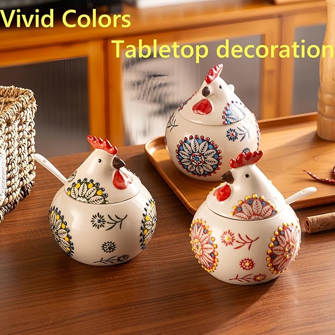 Ceramic Salt Cellar with Lid and Spoon, 13 OZ Large Chicken Salt Jar, Salt Holder for Counter, Coffee, Sugar, Spices and Candies, Salt Containers for Countertop (Red)
