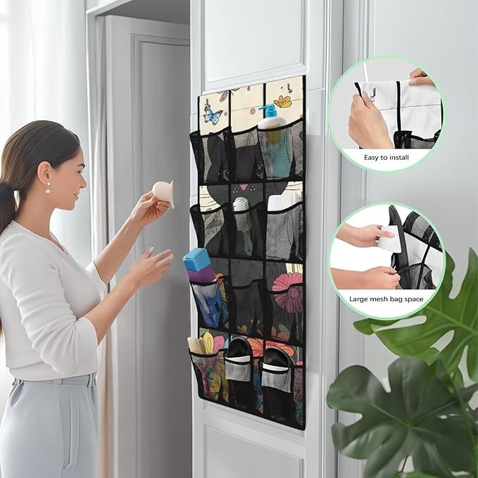 Cute Cat Door Hanging Shoe Organizer Mesh Fabric Over The Door Shoe Organizer for Closet 12 Pockets Butterfly Wall Hanging Storage Space Saving Shoe Holder Hanger for Kids Room