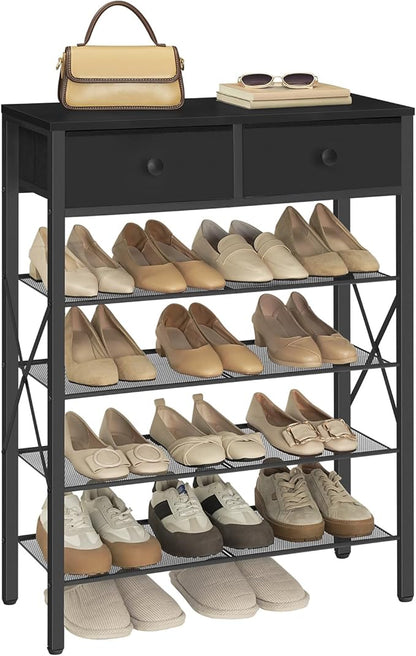 YATINEY 5 Tier Shoe Rack, Large Capacity Shoe Storage Organizer, Metal Shoe Shelf with Drawer and Wooden Top, for 20 Pairs of Shoes, for Entryway, Closet, Black SS25BB