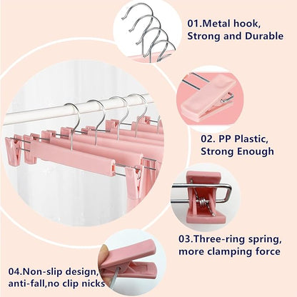10 Pack Skirt Hangers, PantsHangers with Clips，360 ° Swivel Hooks Space Saving Hangers for Pants, Skirts, Clothes, Jeans，Pink