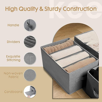 Criusia 6 Pack Large Clothes Organizer, Wardrobe Closet Organizer and Storage with Handles, Foldable Fabric Closet Organizers Dividers for Clothing, Pants, Jeans, Sweater, T-shirts, Grey