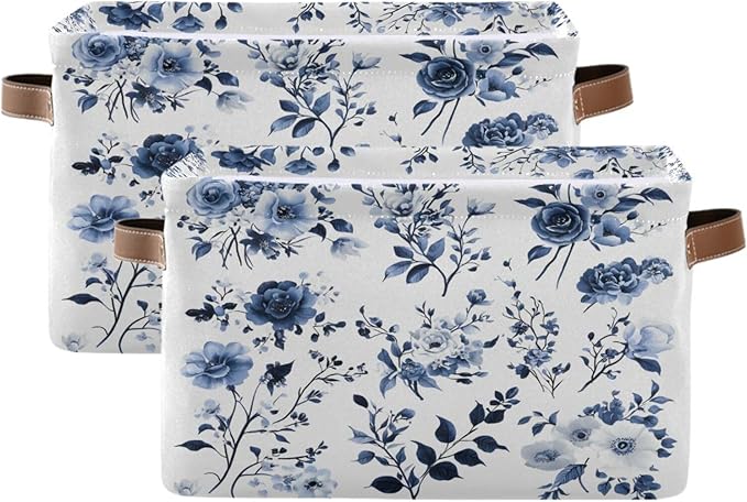Large Storage Basket Blue and White Porcelain Storage Bin Cube Canvas Fabric Organizer Handles Collapsible for Clothes Toys Bedroom Decorative