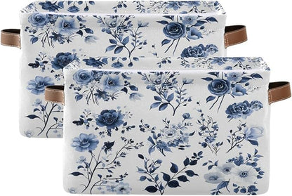 Large Storage Basket Blue and White Porcelain Storage Bin Cube Canvas Fabric Organizer Handles Collapsible for Clothes Toys Bedroom Decorative