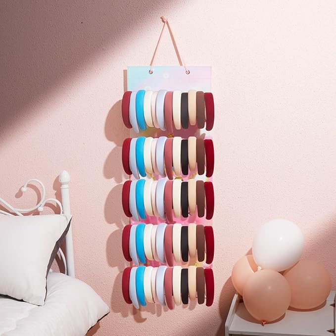 Tudomro Hanging Headband Holder for Girls Felt Hair Accessories Organizer with 60 Elastic Bands Bow Hanger for Girls Hair Bows Without Headbands(Pink,Unicorn)