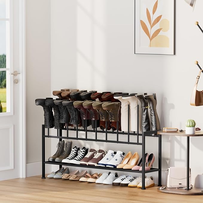 DIMJ Boot Rack 3-Tier - Black Metal Boot Storage Rack for Tall Boots Organizer Tall Boots, Shoe Rack for Boots, Sneakers, High-Heel, Entryway, Fit for 10 Pairs, Black