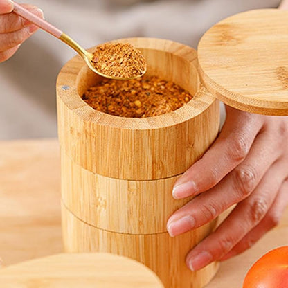 3-Tier Wooden Rotating Spice Storage Box with Swivel Lid, Triple-Layer Condiment Organizer for Kitchen Countertop Home Cooking, Salt Sugar Pepper Seasoning Jar, Easy to Clean Household Tool