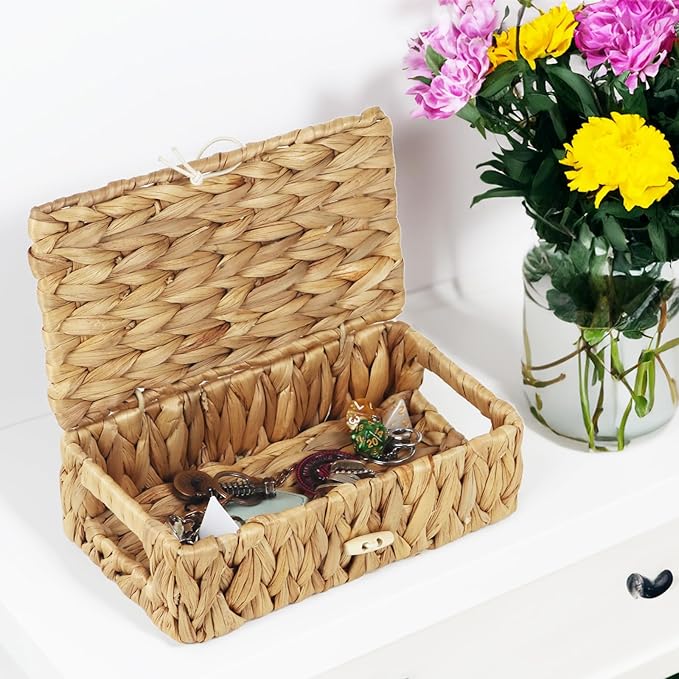 Small Basket with Lid, Wicker Storage Basket for Organizing, Rectangular Woven Basket for Storage, Water Hyacinth Decorative Boxes Bins with Lids (9" x 5.1" x 3")
