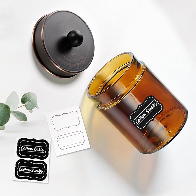 Amolliar Amber Glass Qtip Holder, Apothecary Jars with Oil Rubbed Bronze Metal Lid & Stickers-Bathroom Qtip Dispenser Storage Organizer Set,Vanity Counter Canister for Cotton Swabs,Round Floss(2 Pack)