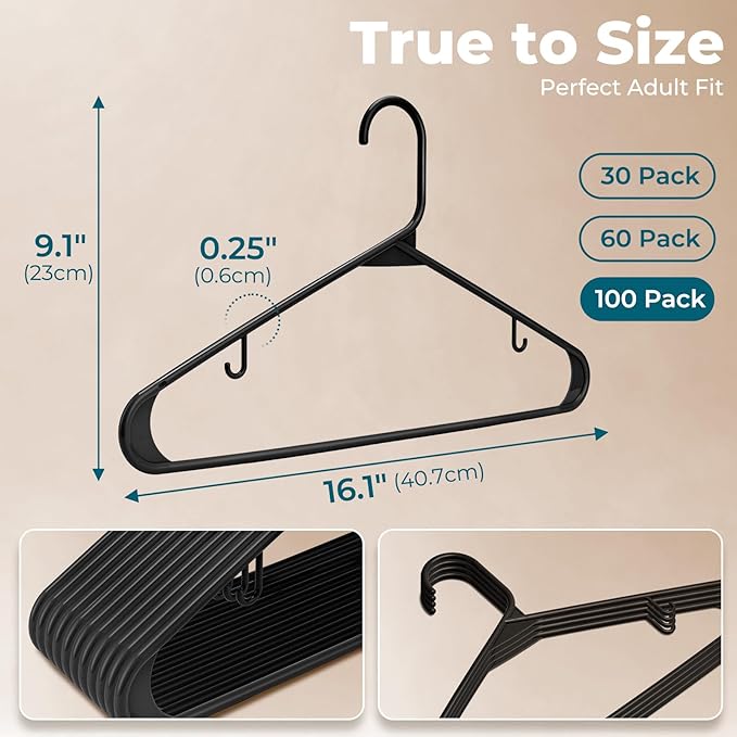 HOUSE DAY Black Plastic Hangers 100 Pack, Plastic Clothes Hangers with Built-in Hooks, Durable and Strong Coat Hangers for Closet, Space Saving Clothing Hanger for Shirts, Coats, Skirt, Dress