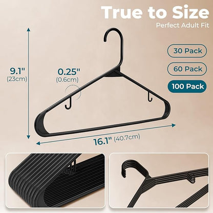 HOUSE DAY Black Plastic Hangers 100 Pack, Plastic Clothes Hangers with Built-in Hooks, Durable and Strong Coat Hangers for Closet, Space Saving Clothing Hanger for Shirts, Coats, Skirt, Dress