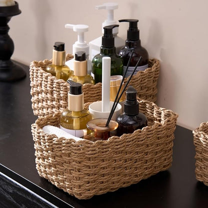 4PCS Woven Storage Baskets Set, Small Baskets for Organizing, Square Handwoven Paper Rope Organizer Bins for Shelves and Home Storage (Brown)