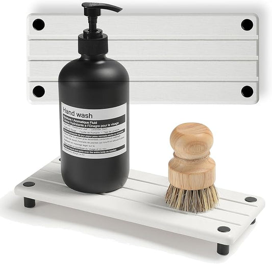 Razborci 2 Pack Fast Drying Water Absorbing Diatomite Stone Mat Tray for Kitchen & Bathroom Counter - Instant Dry Sink Caddy Organizer - Vanity Holder for Soap and Sponge – White 10" x 4"