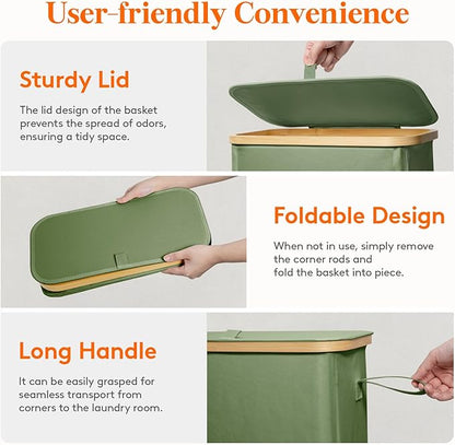 Lifewit 75L Slim Laundry Hamper with Lid, Narrow Laundry Basket with Removable Bag & Bamboo Handles, Fodable Thin Dirty Clothes Hamper for Laundry Collapsible Bin for Bathroom Bedroom Dorm, Green