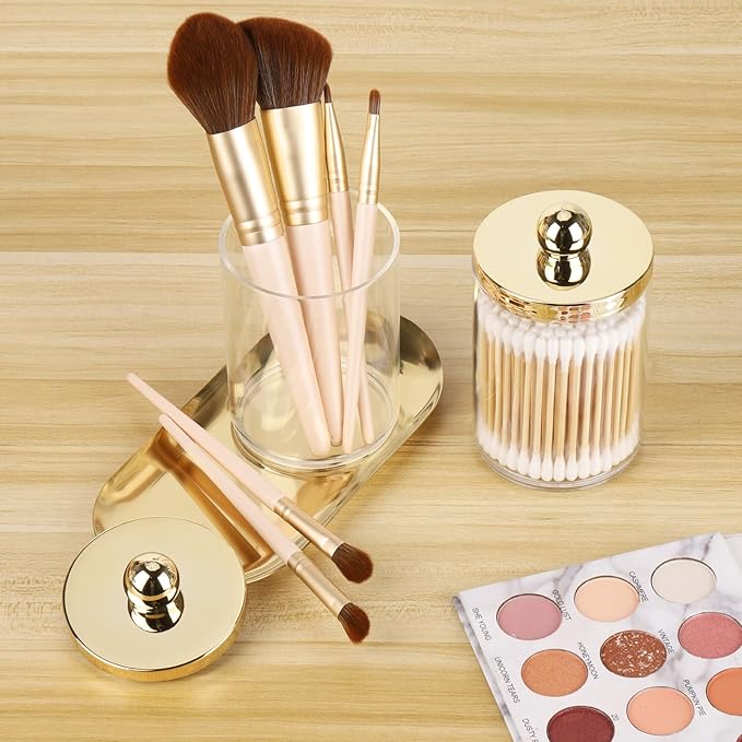 Tbestmax 2 Pack Qtip Holder with Gold Tray, 10oz Plastic Canister Apothecary Jar for Cotton Swabs, Balls, Pads, Floss Picks - Clear Bathroom Essentials Accessories Decor
