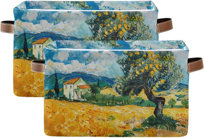 Large Storage Basket Tree Field Farmhouse Painting Storage Bin Cube Canvas Fabric Organizer Handles Collapsible for Clothes Toys Bedroom Decorative