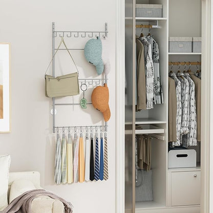 HapiRm Over Door Hat Rack - 3 Tier Wall Mounted Hat Organizer with 16 Hooks and 10 Movable Clips, Cap Hanger Storage up to 26 Caps for Door, Bedroom, Closet USPTO Patent Pending（Silver）