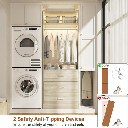 Besiost Freestanding 2FT Closet System with 3 Wood Drawers, 24" Closet Organizer System with Hanging Rod & Shelves, Walk-in Closet Systems for Small Closet, White Oak (24"L*15"W*80"H)