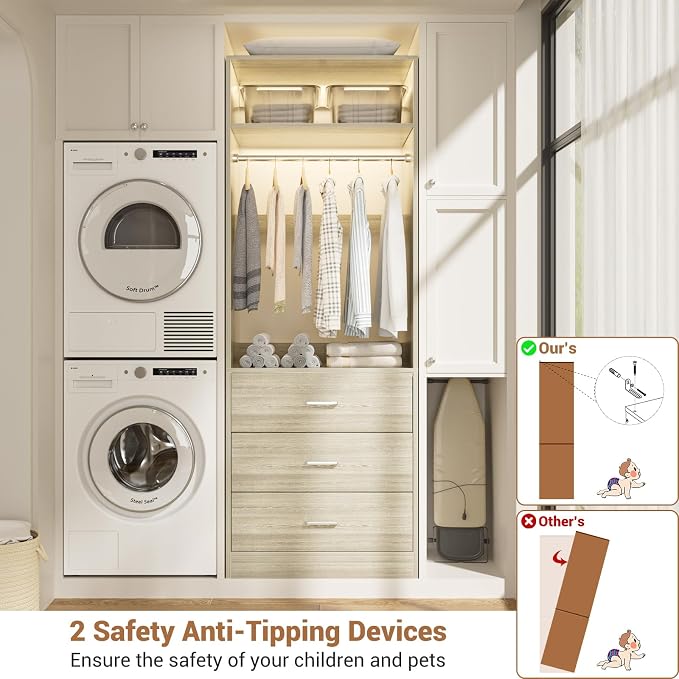 Besiost Closet System Set of 4, 8FT Closet Systems with 12 Wood Drawers, 96" Closet Organizer System with 4 Hanging Rods & 4 Shelves,Heavy Duty 96 Inch Walk-in Closet,White Oak (96"L x 15" W x 80" H)