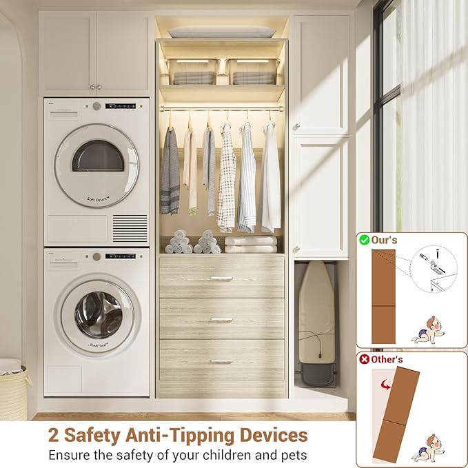 Besiost Closet System Set of 2, 4FT Closet Systems with 6 Wood Drawers, 48" Closet Organizer System with 2 Hanging Rods & 2 Shelves, Heavy Duty 48 Inch Walk-in Closet, White Oak (48"L x 15" W x 80" H)