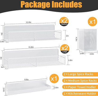 Magnetic Spice Rack for Refrigerator, 6 Pack Metal Magnetic Shelf White, Moveable Spice Organizer, Strong Magnetic Storage Fridge Organizer with Paper Towel Holder, Utensils Holder