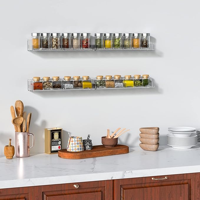 Sezanrpt Acrylic Wall Spice Rack Organizer, Seasoning Rack Shelf Organizer, Clear Wall Mounted Spice Rack Condiment Organizer with Additional Removable Middle Divider, 4 Pack…