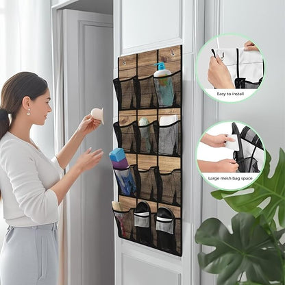 Wood Pattern Door Hanger Organizer 12 Pockets Behind The Door Organizer for Living Room Brown Wall Hanging Storage Easy to Install Multi-Funtion Storage Bag for School