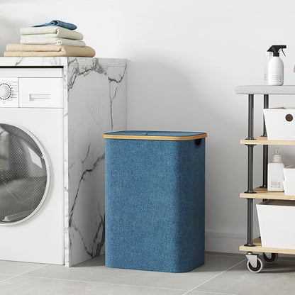Lifewit 80L Laundry Basket with Lid, Clothes Hampers for Laundry with Bamboo Handles and 1 Removable Bag, Large Foldable Laundry Hamper for Bedroom, Bathroom, Dorm, Laundry Room, Dark Blue