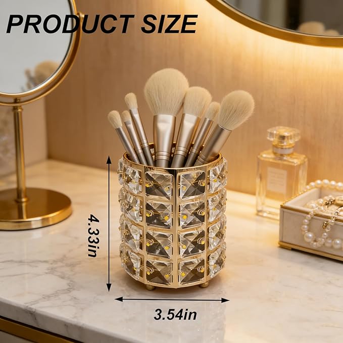 Makeup Brush Holder Organizer Crystal Bling Cosmetic Storage Box for Brushes, Combs & Pens, Candle Holder Container（Gold）