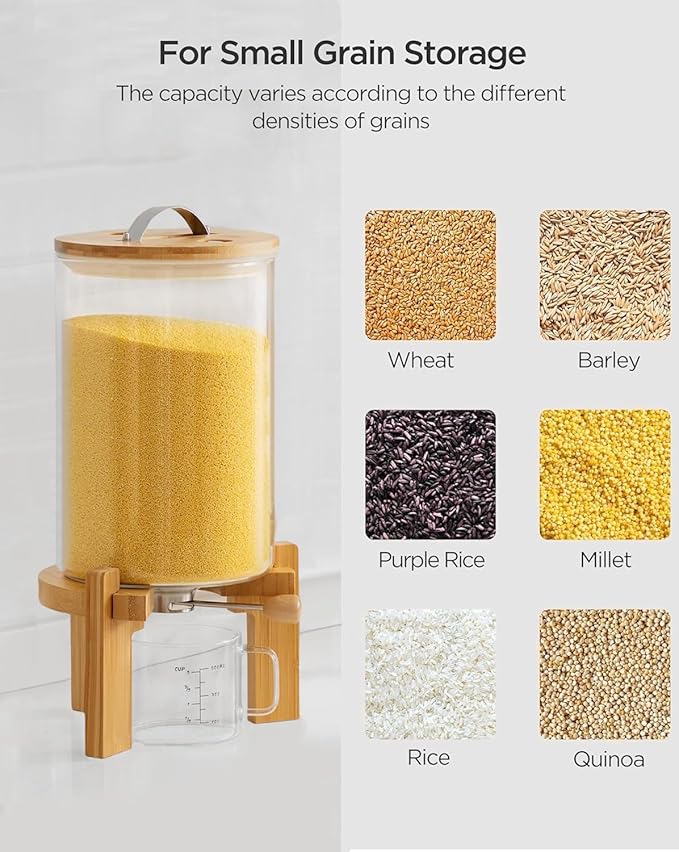 HBlife Glass Rice Dispenser with Wooden Stand Flour and Cereal Container with Glass Measuring Cup Pantry Food Organization Storage Bin with Airtight Bamboo Lid, 3L+5L