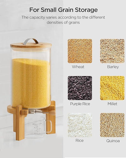 HBlife Glass Rice Dispenser with Wooden Stand Flour and Cereal Container with Glass Measuring Cup Pantry Food Organization Storage Bin with Airtight Bamboo Lid, 3L+5L