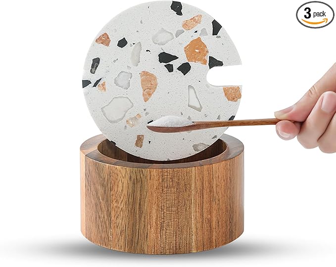Wooden Salt Cellar with Marble Lid,Salt Container Box Bowl for Countertop,Elegant Salt Holder Jar Dish with Spoon,Kitchen Seasoning Containers for Salt Pepper Sugar Spice Storage,6OZ