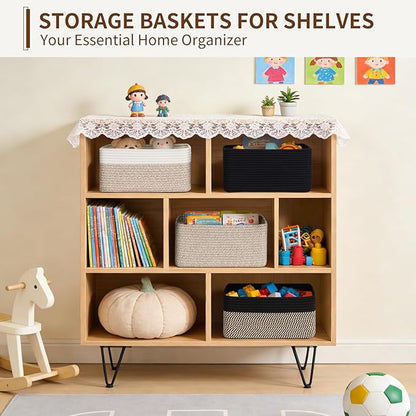 Goodpick 4 Pack Storage Baskets for Shelves, Rectangle Wicker Storage Bins for Baby Toys, Decorative Organizer Shelf Baskets for Gifts Empty, 13''L x 8''W x 6''H, Black & Jute