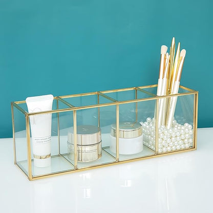 JIARI Gold 4-Compartment Desktop Organizer, Transparent Glass Makeup Brush Holder, 10.23x3.54x2.75 Inches Storage for Home Office and School Items (Gold-4 Slot)