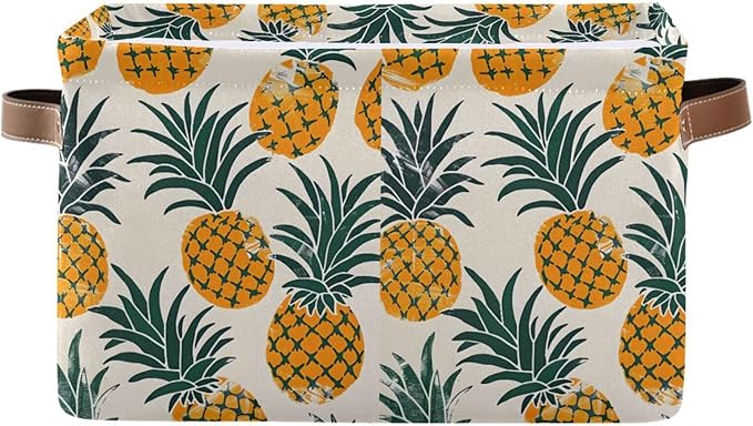 Large Storage Basket Pineapples Storage Bin Cube Canvas Fabric Organizer Handles Collapsible for Clothes Toys Bedroom Decorative