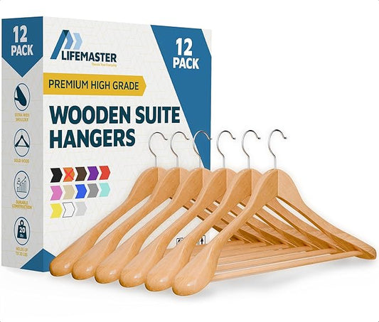 Lifemaster Solid Wooden Hanger Set - 12 Pieces Non-Slip Versatile Closet Space-Saving Hanger Set for Suit, Coat, Camisole, Jacket, Pants, and Dresses with 360° Swivel Hook