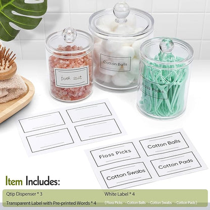 3 Pack Qtip Holder Dispenser for Cotton Ball, Cotton Swab, Cotton Round Pads, Floss - 20OZ & 10 oz Clear Plastic Apothecary Jar Set for Bathroom Canister Storage Organization, Vanity Makeup Organizer