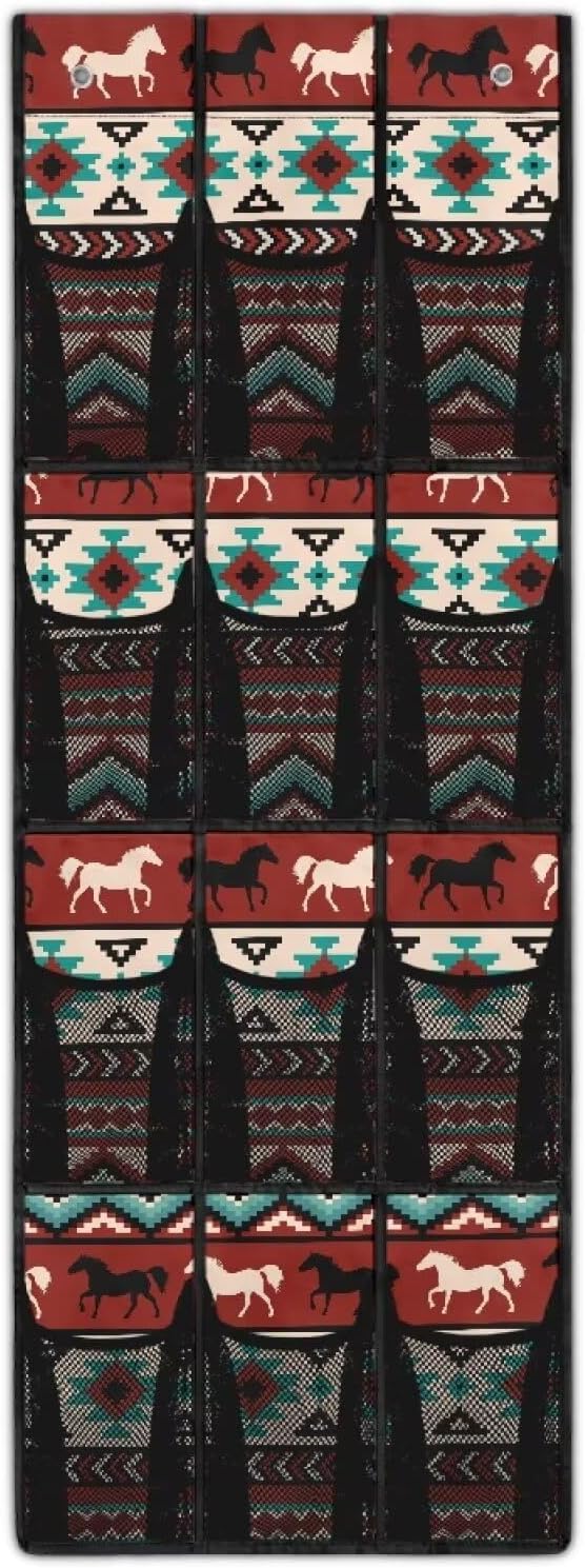 Large Capacity 12-Section Door Hanging Storage Bag, Oxford Fabric Waterproof Scratch-Resistant and for Home Organization, Aztec Tribal Ethnic Style Horse