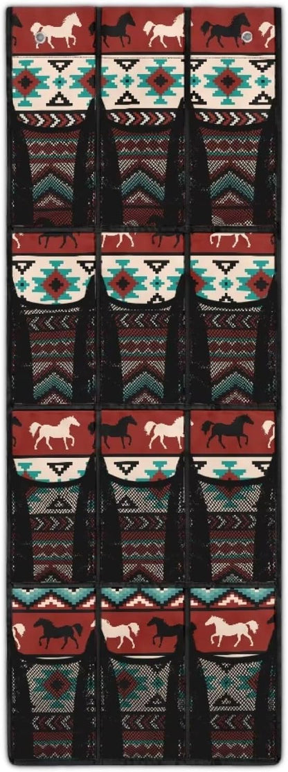 Large Capacity 12-Section Door Hanging Storage Bag, Oxford Fabric Waterproof Scratch-Resistant and for Home Organization, Aztec Tribal Ethnic Style Horse