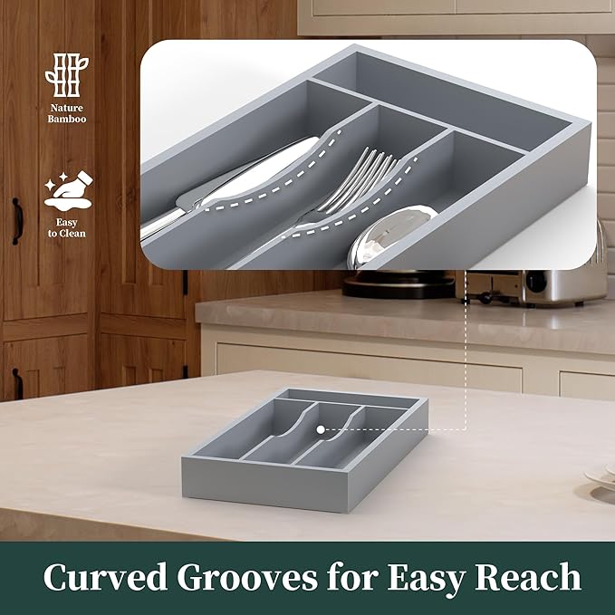 Silverware Organizer, Bamboo Kitchen Drawer Organizer, Utensil Holder, Cutlery Tray & Spoon Flatware Storage with Grooved Drawer Dividers (Grey, 6.7''W x 12''D)