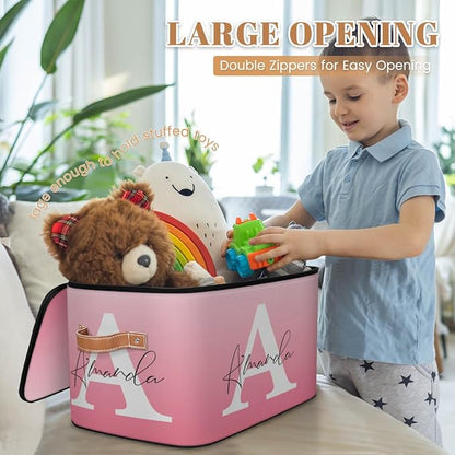 Custom Initial Name Storage Bins, Personalized Foldable Storage Basket Boxes with Zipper Lid&Handle, Customized Shelf Basket Cube, Gradient Pink
