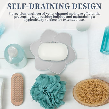 2 Pack Lotus Shower Steamer Trays, Silicone Soap Holder with Self Draining - Elegant White & Gray Lotus Flower Shape Soap Dish, Perfect for Bathroom Counter, Kitchen Sink, Shower Organizer
