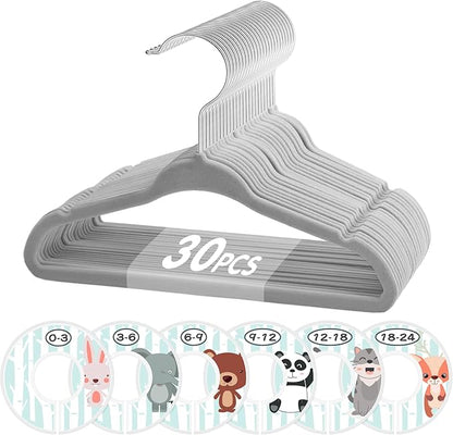 VIS'V Baby Hangers, 11 Inch Velvet Kids Hangers with 6 Pcs Clothes Size Dividers, Infant Toddler Nursery Closet Organization, Non Slip, Gray, 30 Pcs