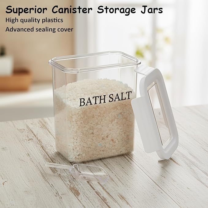 61 oz Bath Salt Jar, Plastic Bath Salt Container with Scoop, Airtight Storage with Locking Lids, Stackable Clear Canister for Epsom Salt, Bathtub Accessories