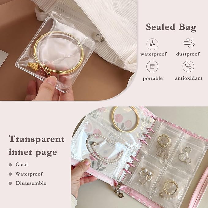 Jewelry Organizer Travel,Jewelry Storage Book with 80 Small PVC pouches,Portable Jewelry Organizer Zipper Bags for Necklaces Bracelet Rings and Earrings (front cover removable),Pink