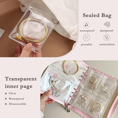 Jewelry Organizer Travel,Jewelry Storage Book with 80 Small PVC pouches,Portable Jewelry Organizer Zipper Bags for Necklaces Bracelet Rings and Earrings (front cover removable),Pink