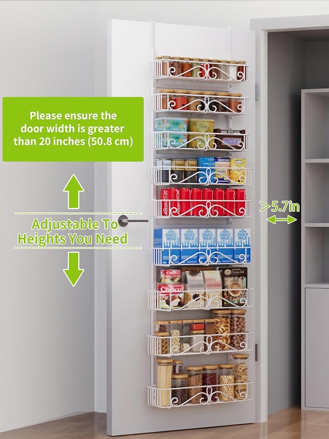 Over the Door Pantry Organizer, 9-Tier Pantry Organization and Storage for Kitchen, Metal Hanging Shelves Door for Home & Kitchen, Laundry Room Bathroom, White